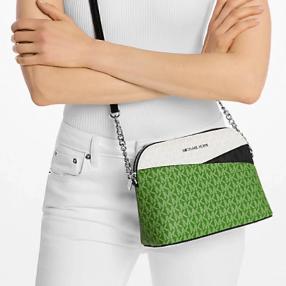 Michael Kors Jet Set Travel Color-Block Signature Logo Crossbody  Jungle Green